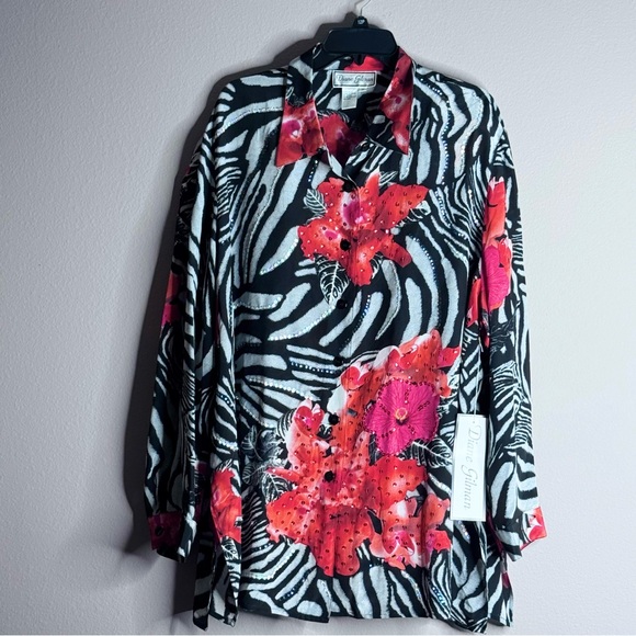 New Diane Gilman Black Red Sequin Floral Zebra 100% Silk Button Down Shirt Sz 3X - Picture 1 of 15
